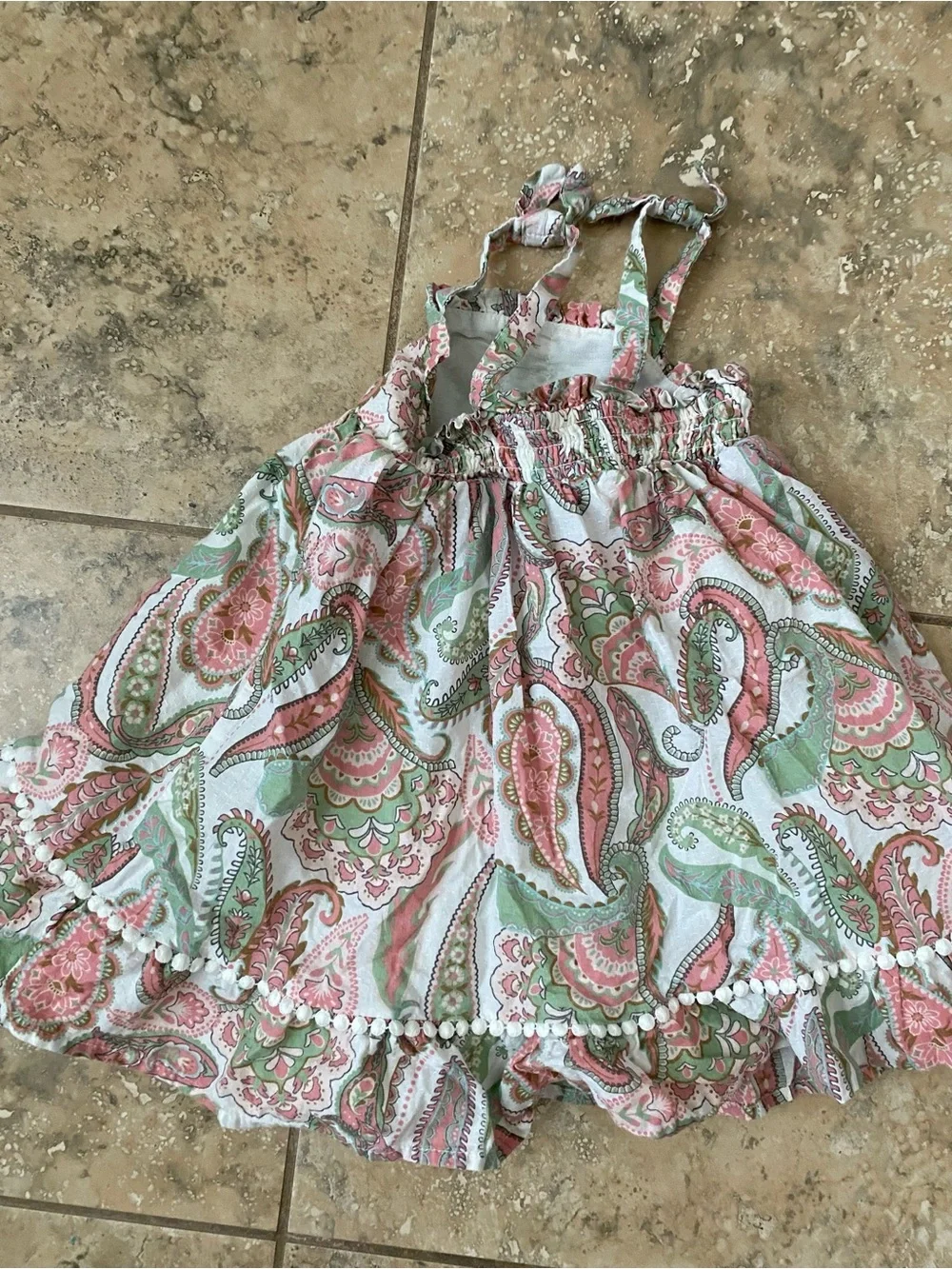 Haute Hippie Boho Girls Paisley Pompom Trim Pink Mint Adorable Summer Dress 2T